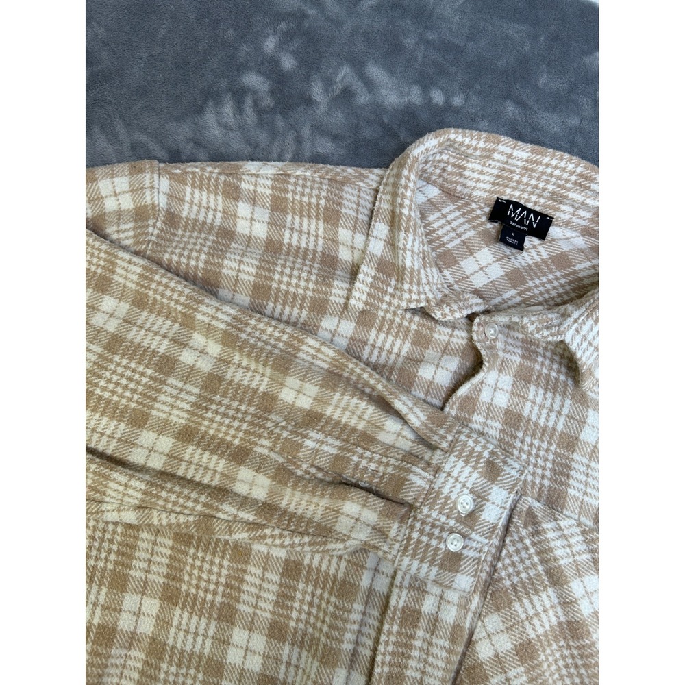 boohooMAN Mens Tan White Plaid Flannel Button Down Shirt Large Heavyweight L